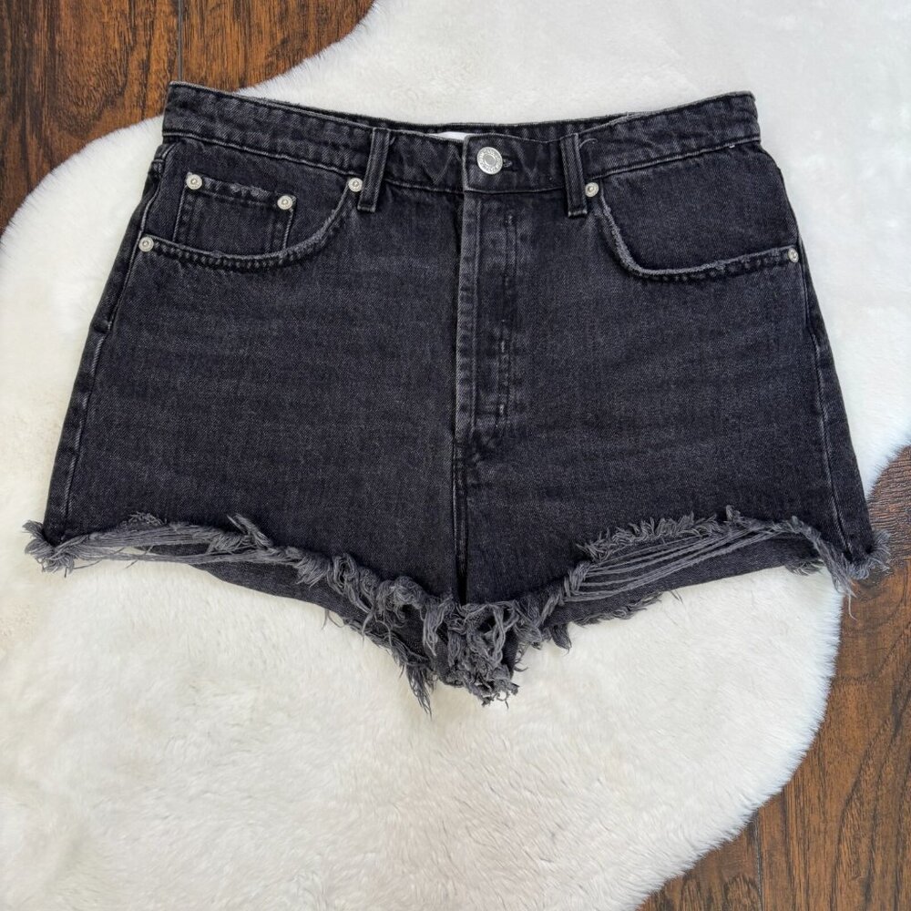 Zara Denim Shorts 10 High-Rise Frayed Hem Black Button-Fly‎ Women's